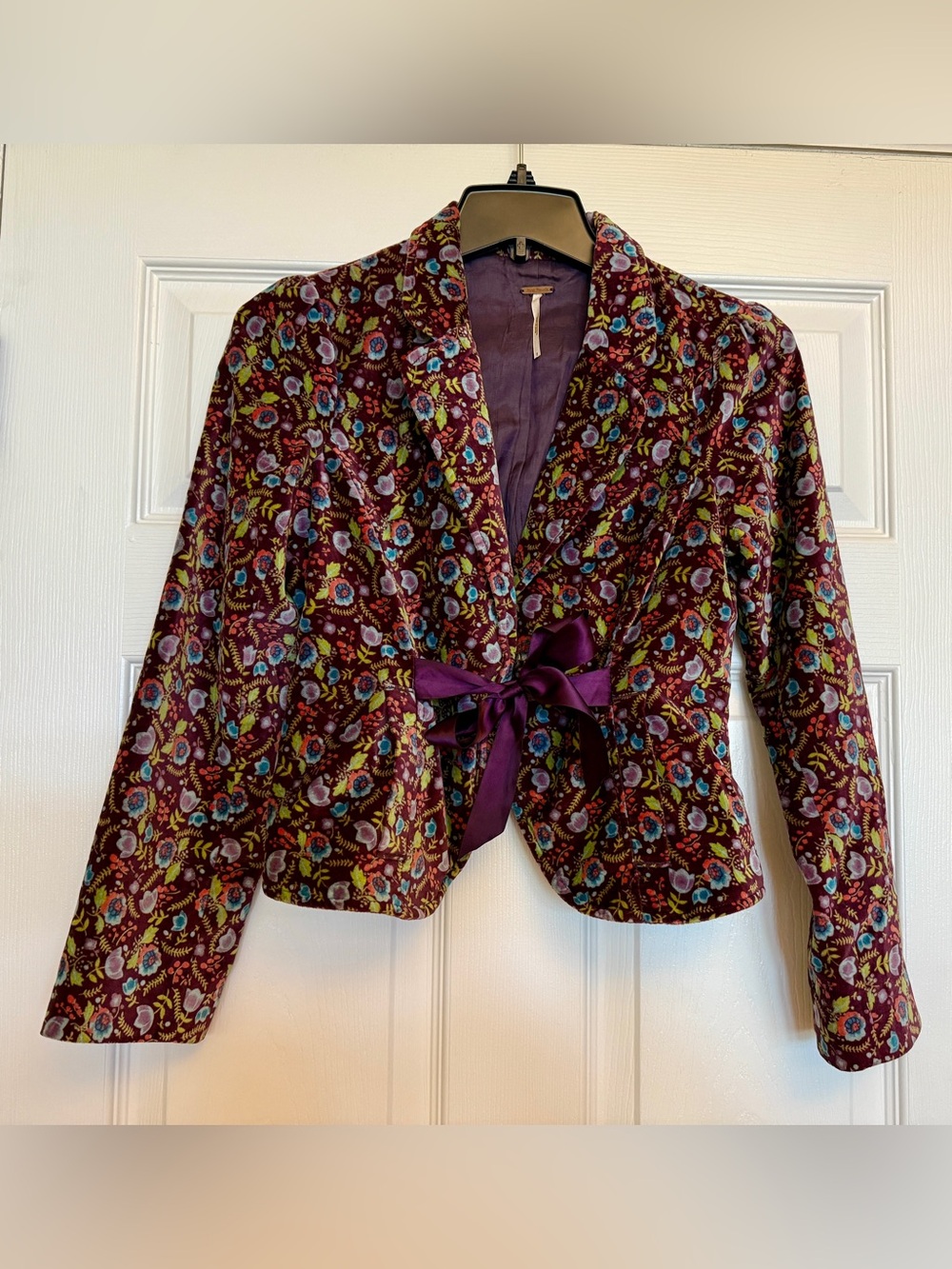 Free People Burgundy Floral Velvet Tie-Waist Blazer Womens 2